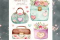 Create a set of vintage, charming, and kawaii watercolor clip art having a Valentine\'s Day theme.